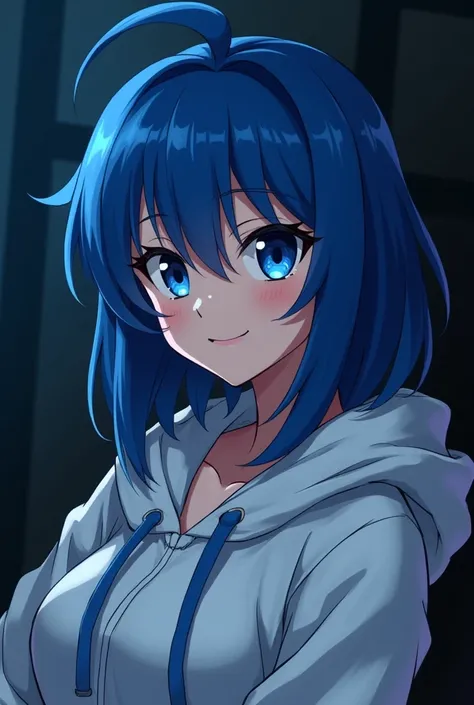 A girl blue hair and blue eyes anime white Hoodies attitude in dark room have a Joline age 15