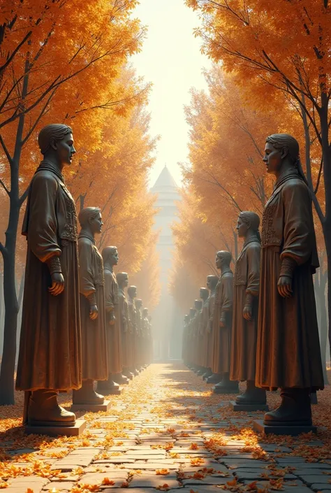 Super-realistic autumn alley on both sides stand antique statues of men and women in antique clothes and holding with both hands above their heads golden Ukrainian tridents. The sun shines through the yellow and orange crowns of the trees.