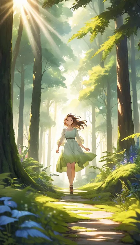 A joyful woman walking through a lush, vibrant forest, surrounded by towering trees and dappled sunlight filtering through the dense canopy above. Her expression is full of delight as she steps lightly along a soft, moss-covered path, the forest alive with...