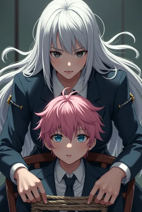 Strong female figure, white hair, black eyes, modern clothing and rich high school uniform, holding a still and sick man tied to a chair, cute face, pink hair, and high school uniform, blue eyes, tied to the chair with string!!. 