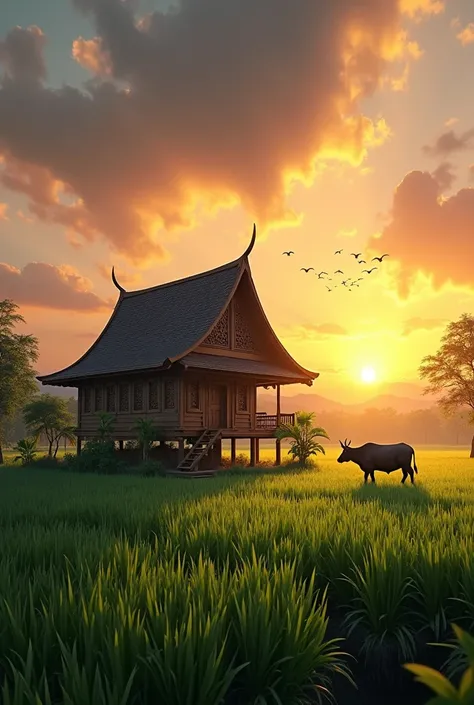 Traditional Malay wooden house in the middle of padi farm with a few buffalo and bird flying around during sunset 