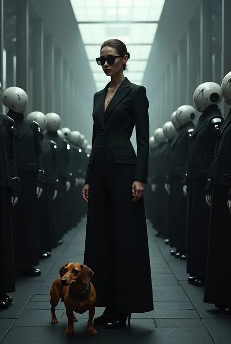 Huge temple、On the black tatami、Many people standing around a woman wearing a black suit and black sunglasses、Miniature Dachshund、Death and the Heart６Tattoo、robotを愛し、Steven Klein、Love of Death+robot、Ray Tracing On、死とrobot、Futuristic ballroom。Big eyes, Rayt...