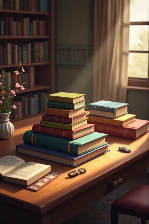 Books in a library on the table 