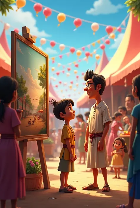 At a lively village fair, colorful tents and crowds fill the background. Arjun’s painting is displayed prominently, and a famous artist stands in front of it, deeply impressed. Arjun, standing nearby with his parents, looks nervous but hopeful. The artist ...