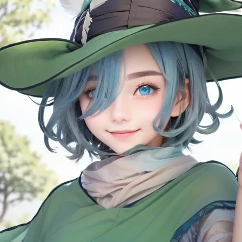 beautiful girl, blue eyes, blue hair, short hair, green shirt, green hat, 1 girl, high resolution, blush, smile, feather on hat, gray shawl on neck