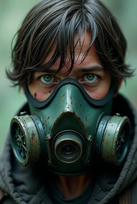 A guy in his late teen with green eyes straight hair and that has a where’s a gas mask to help him breathe like been from Batman and that their skin is affected from years of poison