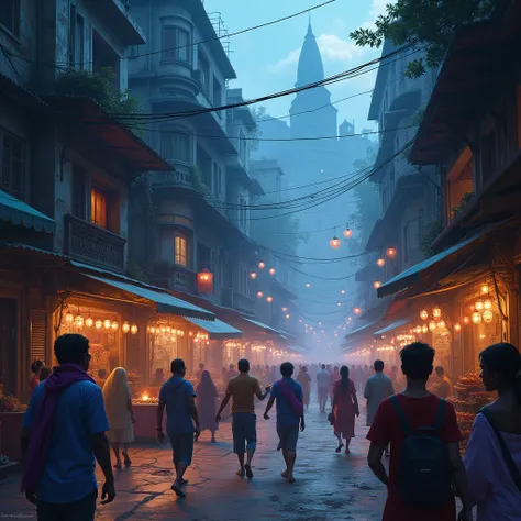 Create a background that has a scene of Kolkata city street , the background color theme should be fantasy ,,like a fantasy and mysterous poster