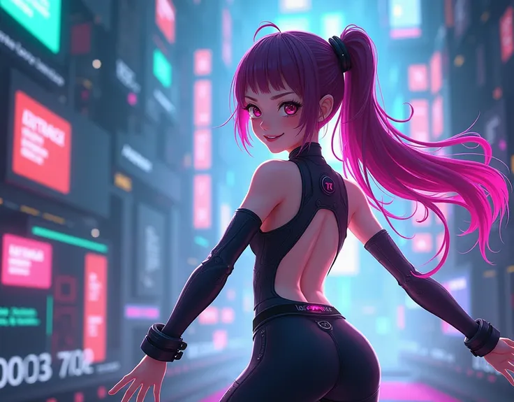 A futuristic cyberpunk scene featuring a young, child-like female character with a cheerful smile. She has long, flowing hair with neon pink highlights and is wearing a high-tech outfit with her back exposed, showing her bare skin. She is looking back over...