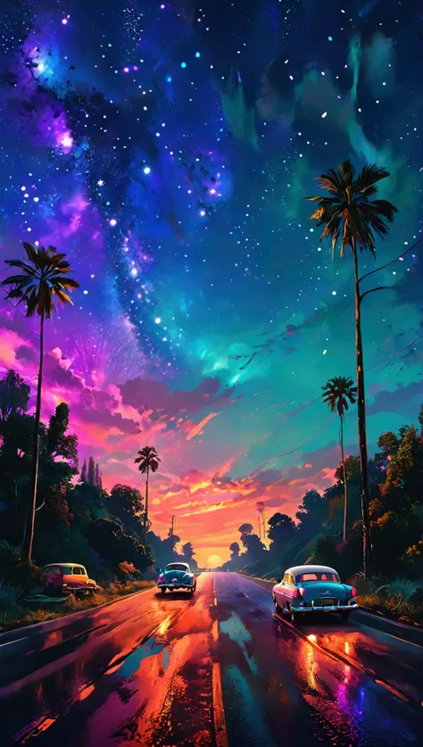 Impressive 80&#39;s、darkness、Starry Sky、Running old car . Cars on the road、Incorporate vibrant pastel colors, Refined lines, Retro Summer Vibes. 幻想的な明るいStarry Sky、Vintage Contemporary Art with a Modern twist. Emotional atmosphere、Stylish design like a musi...