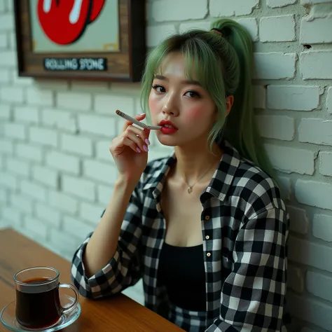 Cinematic photorealistic street child style A beautiful Korean woman with smooth white skin, well-groomed face, long green blonde hair tied up, wearing a black and white checked shirt rolled up at the elbows, trendy street child style, black undershirt  ,e...