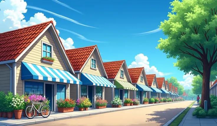 The image is an illustration of a street scene in a small town. The street is lined with buildings on both sides, with a red tiled roof and a blue and white striped awning. There are several flower shops on the street, each with a variety of colorful flowe...