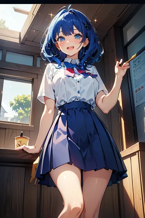 (from below:1.2),(((beautiful detailed)))、(cute face:1.2)1girl, A girl stuffing her face with french fries, Girl crying while eating a pile of french fries, light Navy blue hair, blue eyes, A short-sleeved white shirt with four vertical bow ties, hard areo...