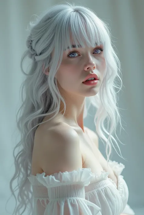 A woman with silver hair, side bangs, purple eyes, white skin, and a nice body