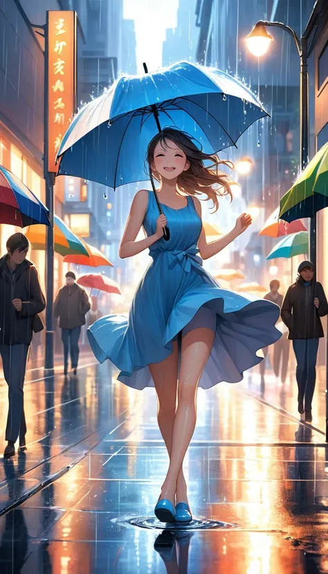 A joyful woman dancing through the rain in a bustling city, her face lit up with excitement as raindrops glisten on her skin. She holds an open umbrella, spinning it playfully as water splashes around her feet. The city streets are wet and shiny, reflectin...