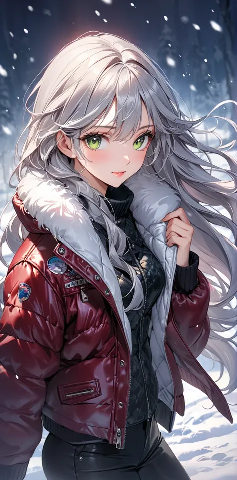 Ultra high resolution, rich colors, perfect image, top quality, detailed image, beautiful woman, glowing skin, texture of skin and clothes, delicate eyes, winter, womens outerwear boa riders jacket Mustang, pants, (((silver wavy semi-long hair))), green ey...