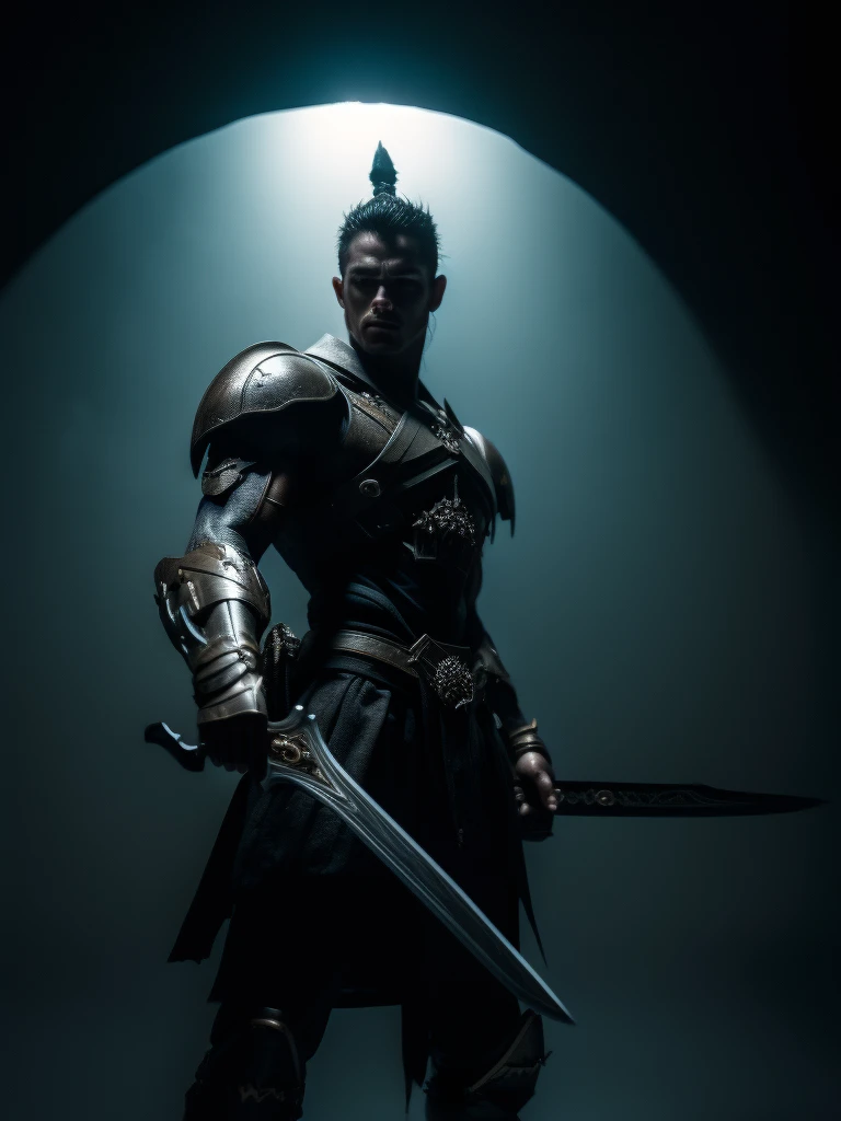 a powerful warrior with a dark aura, standing holding a sword, intricate details, hyper realistic, cinematic lighting, moody atmosphere, fantasy art, dramatic pose, volumetric lighting, chiaroscuro, muted color palette, dramatic shadows, epic fantasy, mast...