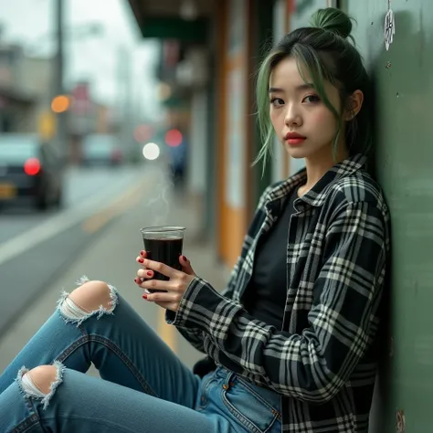 Cinematic photorealistic street child style A beautiful Korean woman with smooth white skin, well-groomed face, long green blonde hair tied up, wearing a black and white checked shirt rolled up at the elbows, trendy street child style, black undershirt  ,e...