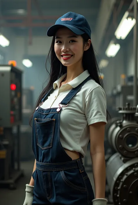 This prompt is、I expressed it in English based on your description.：

**Japanese Beauty with a Very Large Chest Operating Machinery in a Downtown Metal Parts Factory**:  
"A beautiful Japanese woman with black hair, wearing a navy cap, a plain navy polo sh...