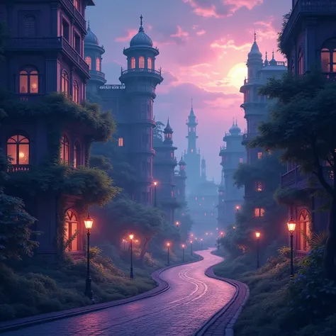 Create a background depicting a peaceful road in Kolkata city, the background color theme should be fantasy, like a fantasy and mysterous poster