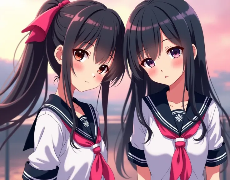 masterpiece photorealistic anime, 2020s. 1girl has low twintails with red ribbon. 1girl has long hair. 1girl has medium hair. Black Hair, Sailor suit, White blouse, Black sailor collar, Pink neckerchief