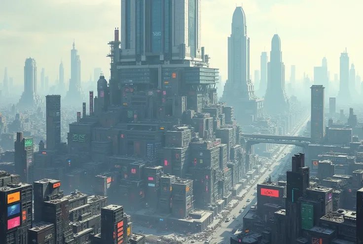 Make an anime-style image of a cyberpunk city, divided into layers, the higher the layer, the more sophisticated the structures, do not make three layers, at the top I put tall white buildings, with large windows, and in the center of the top layer make an...