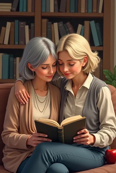 Gray mother with short hair together with her adult daughter with blonde medium hair, reading, bookshelf background and apple 