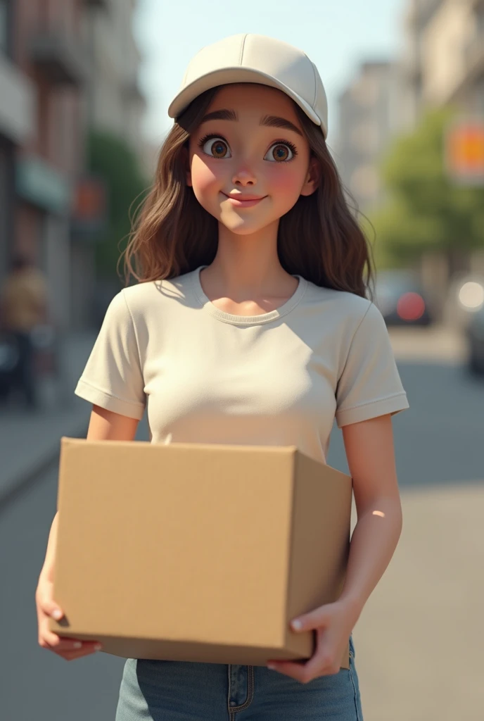 A teen girl wearing white cap and holding a cardbox