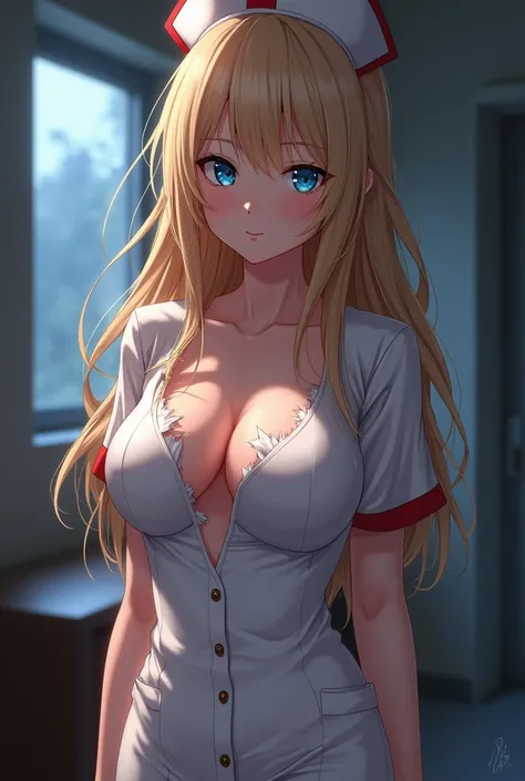 Ultra realistic anime character graphics , teenager  , linda, Long blonde hair, blue eyes, big breasts , with a very torn nurse&#39;s uniform and no panties or bra , with the breasts showing,  in a naughty way ,in the room  , HEAD ON , with the night scene...