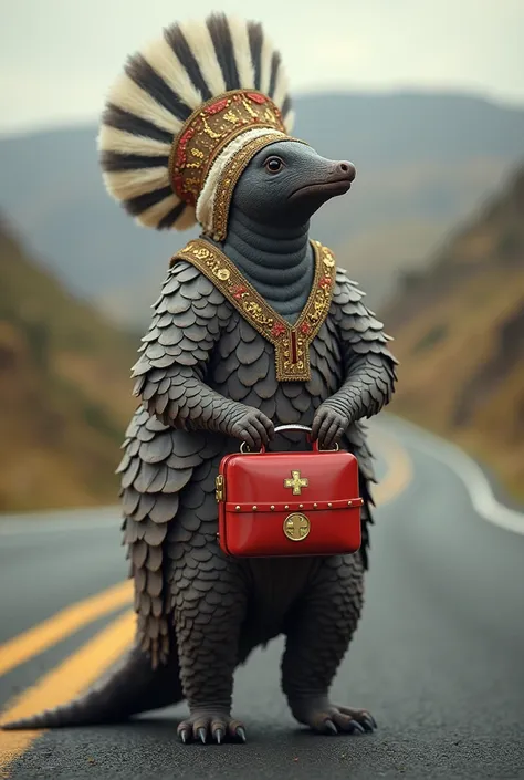 Pangolin with Breton headdress on highway and first aid kit
