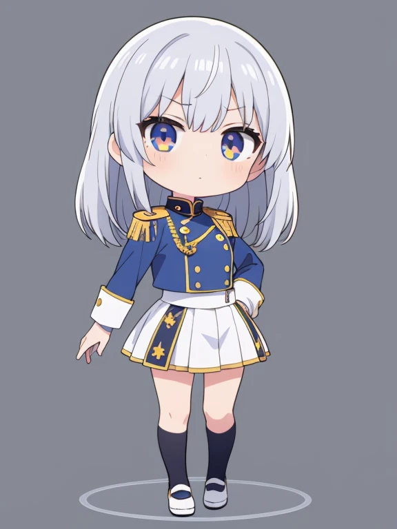 1girl,Chibi,wearing a military uniform, silver hair, large expressive eyes, short stature, detailed uniform with medals and insignia, serious facial expression, standing in a heroic pose, no background, transparent background, soft shading, cute but powerf...