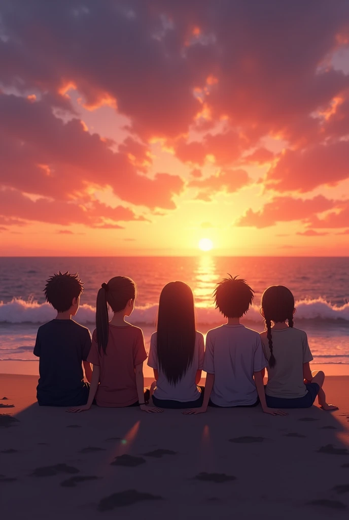 Make me an image about silhouette of five 
Teenagers ( 2 girls and 3 boys) sitting at the sand while watching a beautiful sunset in the ocean