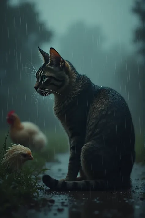 Dark clouds, raindrops on Cat fur, Hen feathers ruffled.