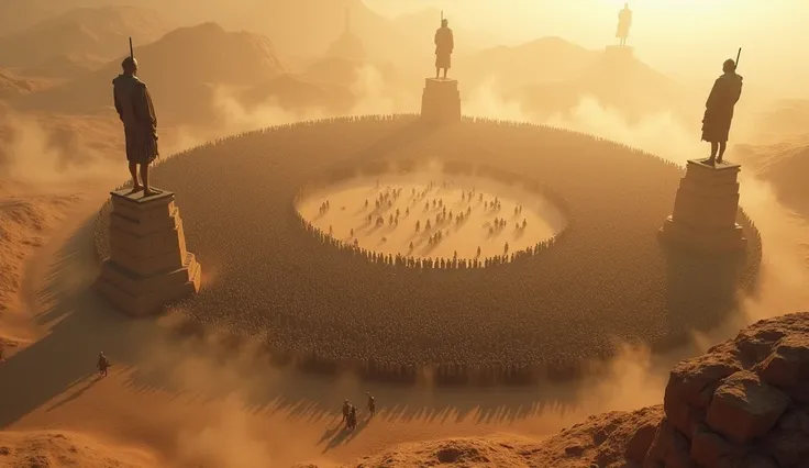 An aerial view of an enormous battlefield in a desert setting, where countless tiny soldiers are gathered in a large circular formation. The battlefield is surrounded by a hazy atmosphere with dust and shadows casting over the scene. Along the edges, there...