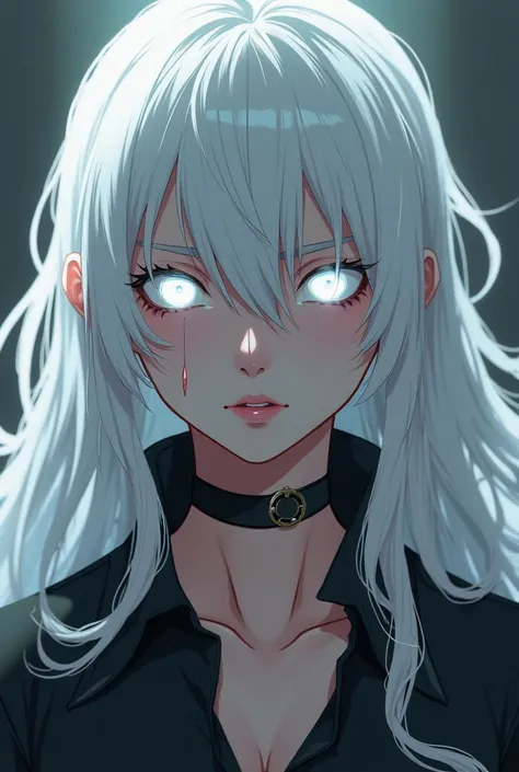 Make a 30 year old woman with long white hair and white glowing eyes with an irritated look at the camera and a serious smile. Make anime style