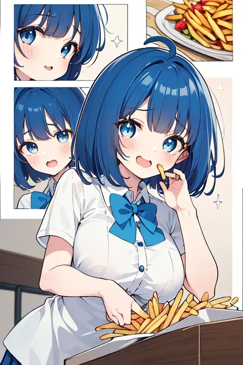 (from below:1.2),(((beautiful detailed)))、(cute face:1.2)1girl, A girl stuffing her face with french fries, Girl crying while eating a pile of french fries, light Navy blue hair, blue eyes, A short-sleeved white shirt with four vertical bow ties, hard areo...