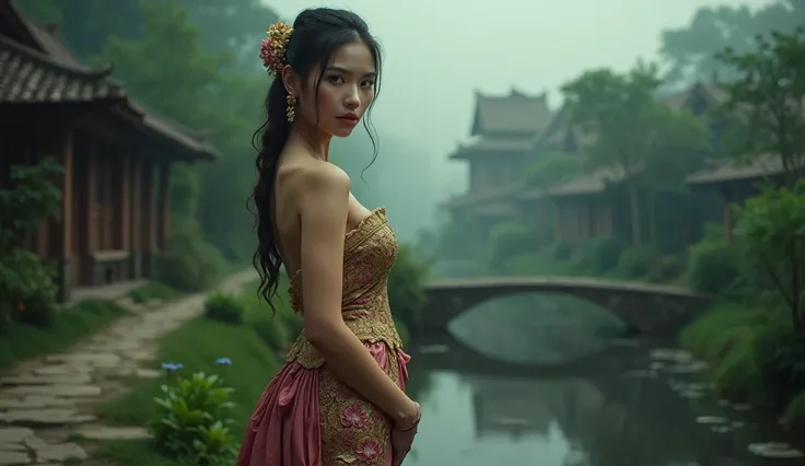 tmasterpiece，ultra fine photos, best qualtiy，Ultra-high resolution，Photoreality，Chiaroscuro，stunningly beautiful，dynamicposes，delicated face，Big chest，She wears gold ancient thailand dresses，very highly detailed background，detailed face with，Detailed and c...