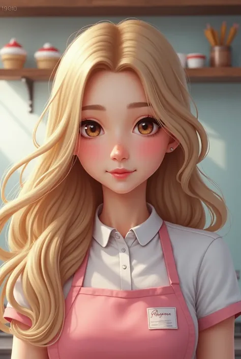 Woman 3,68 kg long blonde hair,confectioner with dopma in cake production ,light brown eyes,visible face for easy face swapping ,pink dopma small eye