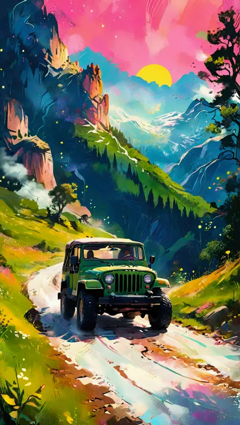 Impressive 80&#39;s、Mountain Sunset、Beautiful sunset、Running green jeep car .Car driving on mountain road、Travelling by car、Incorporate light pastel colors, Refined lines, Retro Summer Vibes. Fantastic bright starry sky、Vintage Contemporary Art with a Mode...