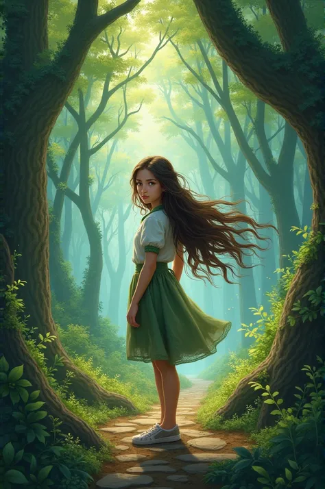 
“A young girl standing in a magical forest, looking determined.”