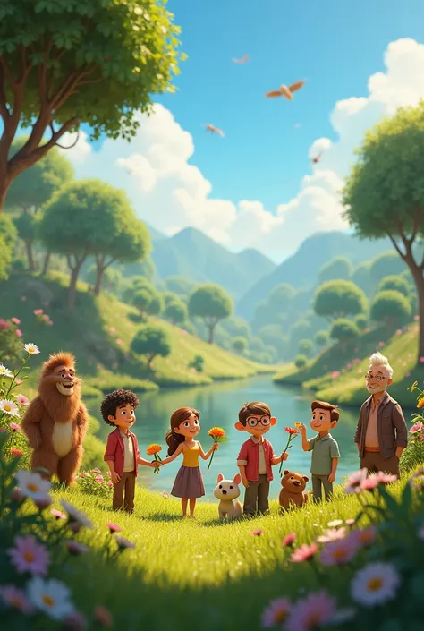 New world preached by Jehovah&#39;s Witnesses Pixar style happy people in harmony with animals and nature 