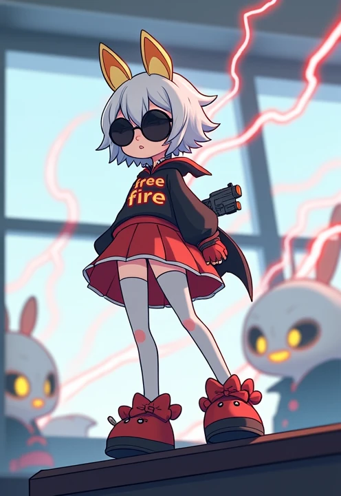 Cartoon style female characters, with white hair a golden and red dracula behind the hair, with a white beard like Free Fire, a round black sunglasses, short half-shirt with long sleeves and red glove, written in red on the brush "FREE FIRE", red skirt wit...