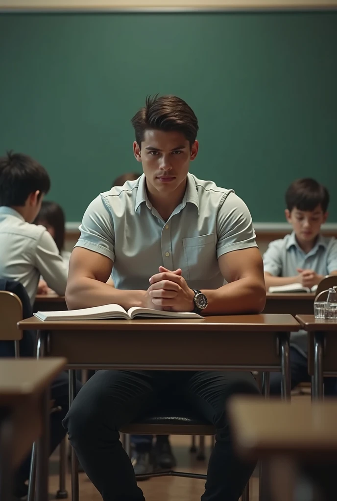 A muscular school boy siting at last bench of class