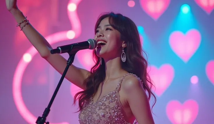 The atmosphere is like a magnificent performance stage with cute heart-shaped neon decorations. close up of a Korean female singer wearing a mini dress with detailed beaded decorations, looking sweet, cute and adorable, with long curly hair colored with br...