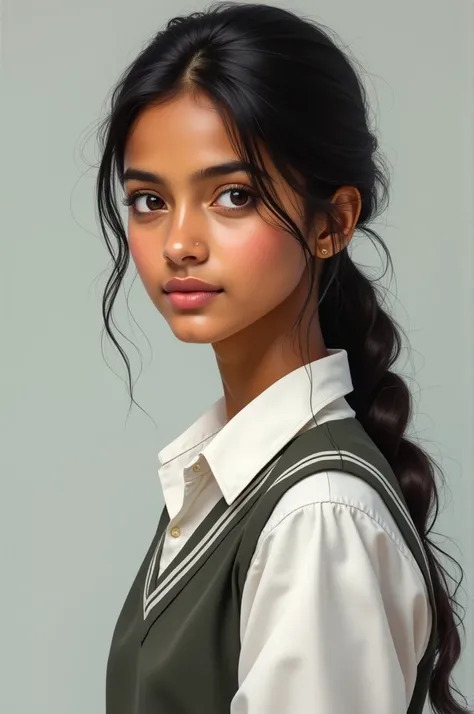  indian teenage girl in school uniform she look beautiful, gorgeous and realistic 
In from agle