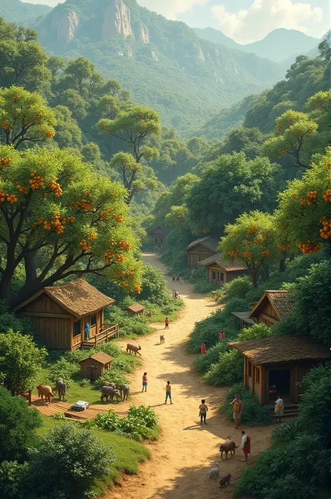 Earthly Paradise, beautiful garden lots of fruit trees people building houses surrounded by tame animals in harmony with man