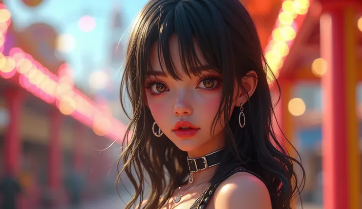 1 girl (anime style) ((rendering 3D) )shiny wet Glowing skin reflecting light, focus colorful amusement park ., light airy outfit with colorful strings , photorealism, woman standing in latex pants and short leather jacket tempting eyes red shiny mogre lip...