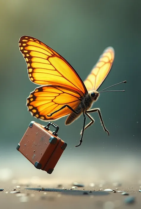 Papillon qui porte valise. Il a lair pressé 