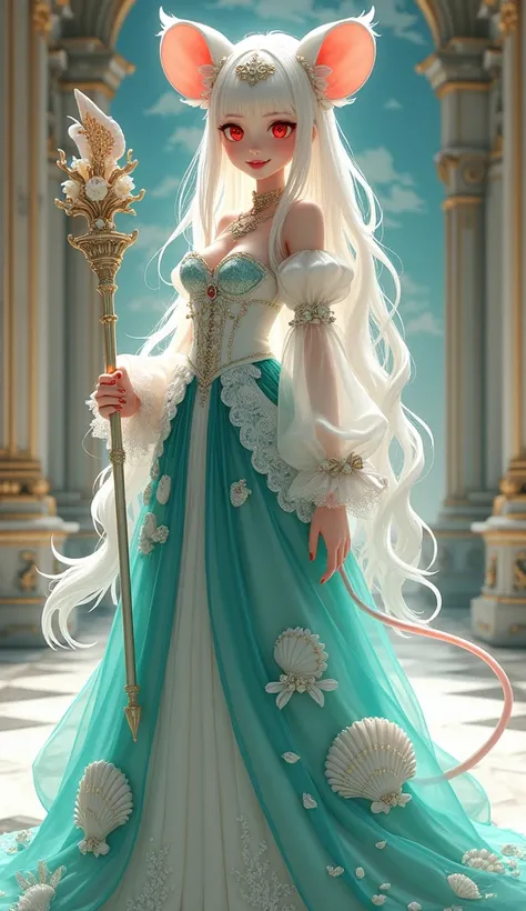 (best quality,4k,8k,highres,masterpiece:1.2), ultra-detailed, Pretty albino girl has a princess of the sea, drawn in 2D anime style, steampunk, wearing a iridescent turquoise princess gown with puffy sleeves, steampunk, gorgeous frilly dress design,flowing...