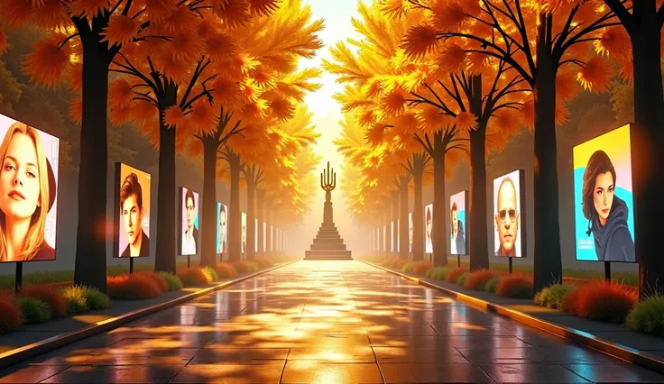 Super realistic autumn alley. The sun shines through yellow and orange crowns of trees. On both sides of the alley are futuristic screens with portraits of artists and musicians. At the end of the alley we see a monument to the golden Ukrainian trident, th...