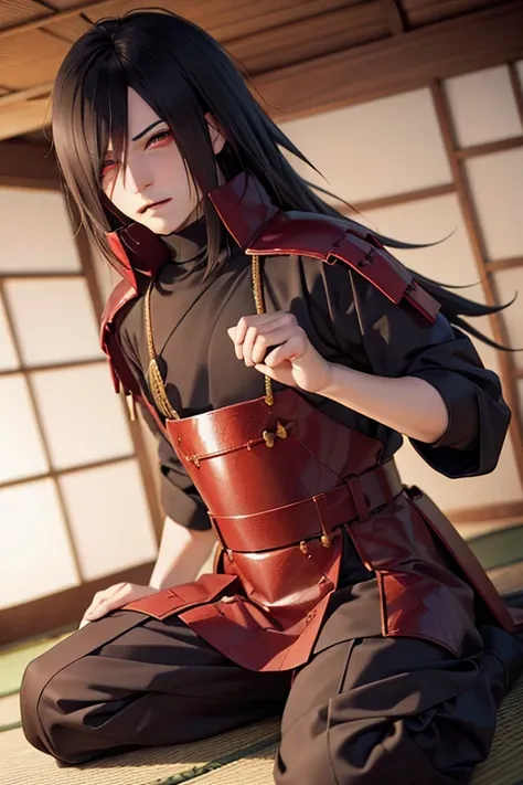 Uchiha Madara is a powerful Daimyo in mid 40s, , piercing eyes, Long hair, black hair, hair over left eye, indoors, Azuchi Castle, Sitting, Seiza style on his Zabuton with his fist on his jaw, looking at viewer, (Detailed strokes) (black eyes), ( Solo, mal...